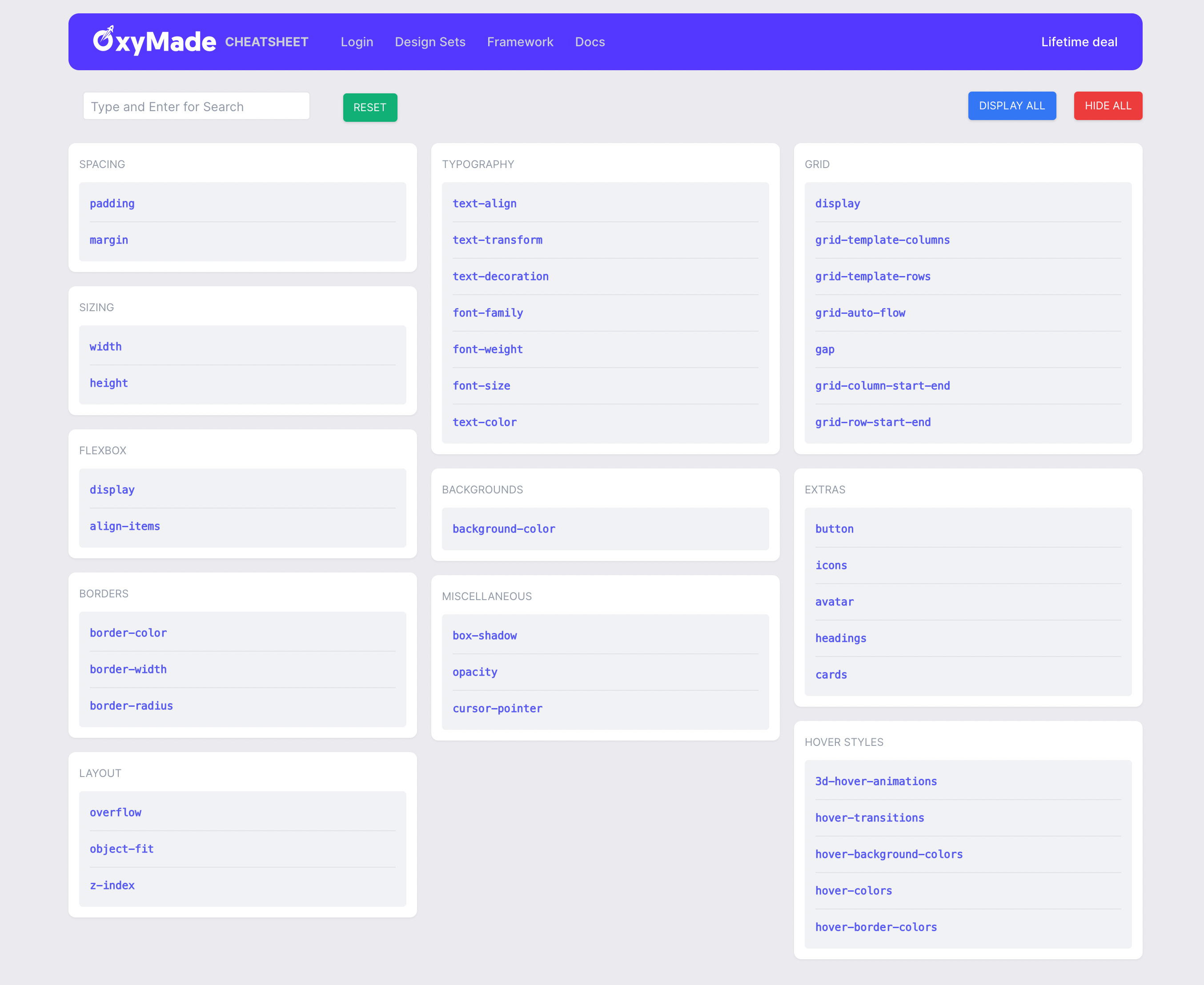 OxyMade Framework Cheatsheet web app